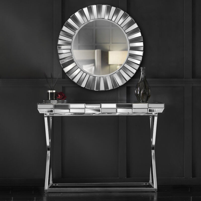 2-Piece Set Knightsbridge Collection - Round 3D Glass Effect Wall Mirror and Mirrored Console Table with Chrome Cross Legs - Grey Silver - Grey
