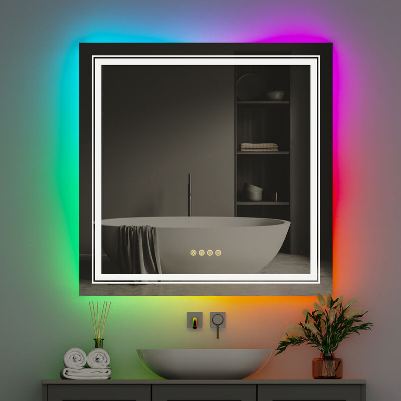800x800 Large Illuminated Led Bathroom Mirror with Demister Pad Square rgb Backlit Touch Sensor Switch