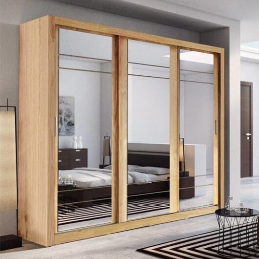 Allen Wardrobe With 3 Mirrored Sliding Doors In Shetland Oak