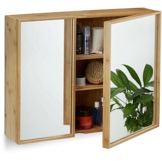 Bathroom Bamboo Mirror Cabinet 2 Doors, Hanging Cupboard, Assembled Wall-Mounted Cabinet h x w x d: 50 x 65 x 14 cm, Natural - Relaxdays