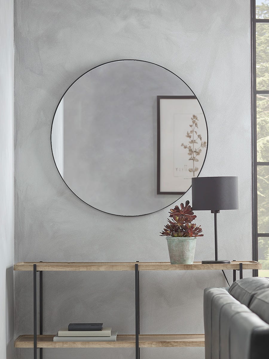 Black Slim Frame Round Mirror - Large
