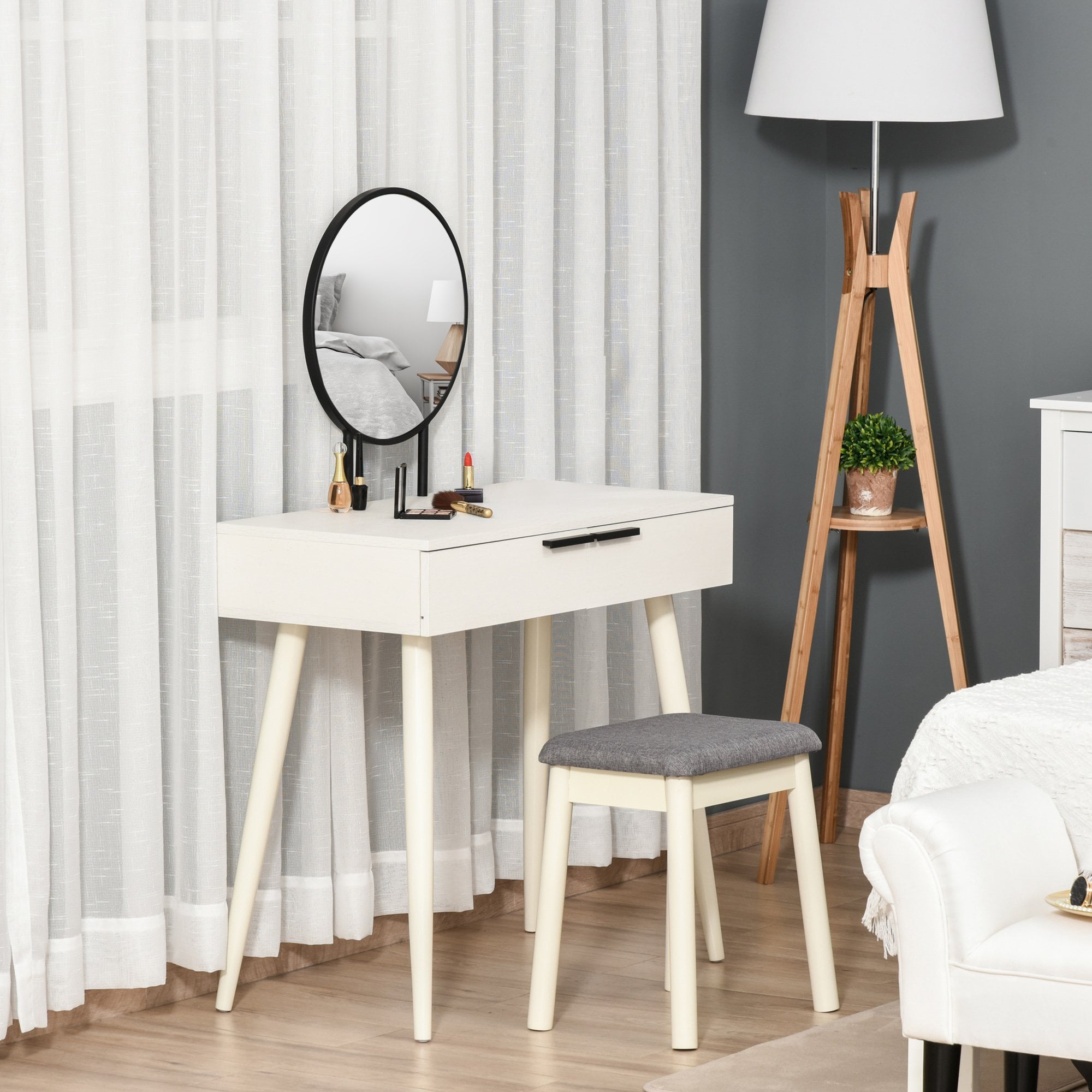 Dressing Table Vanity Set Makeup Desk with Round Mirror Cushioned Stool 2 Drawers for Bedroom Jewelry Storage Set - White Make Up & - Home Living | T