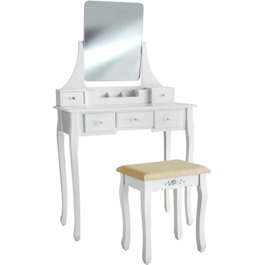 Dressing table Claire with 5 drawers for storage Includes stool and mirror - dressing table mirror, white dressing table, dressing table chair - white