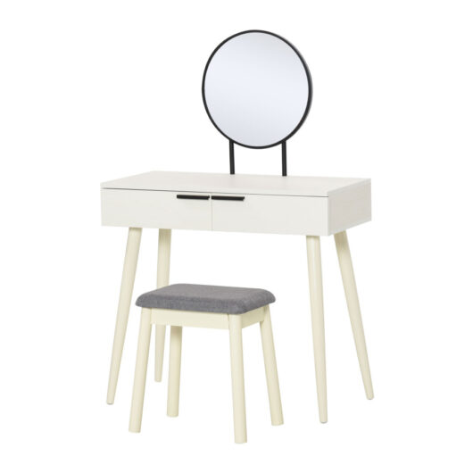 HOMCOM Dressing Table Vanity Set Make Up Desk with Round Mirror & Stool White