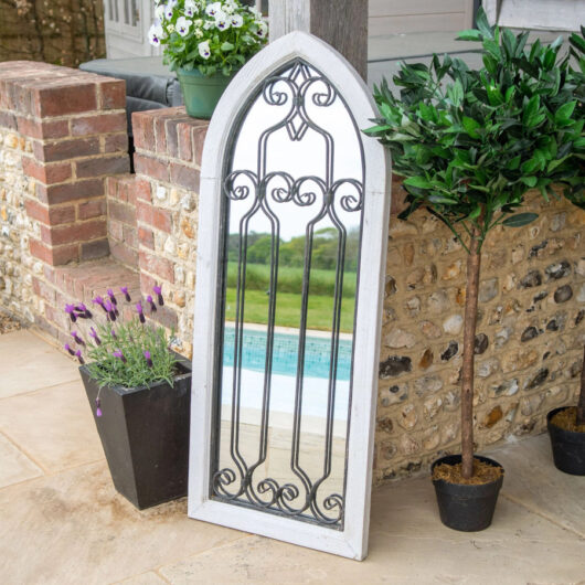 Large Arched Valence Garden Mirror - White French Distressed Wood, Metal & Glass Decor