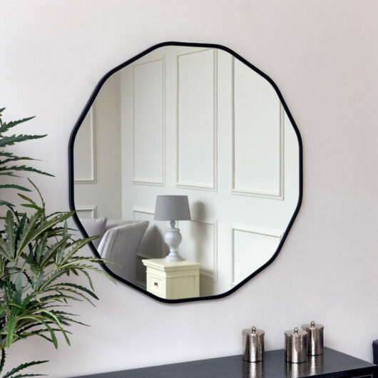 Large Round Black Scalloped Wall Mirror 90cm x 90cm - Black