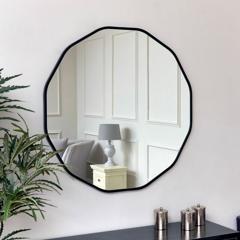 Large Round Black Scalloped Wall Mirror 90cm x 90cm - Black