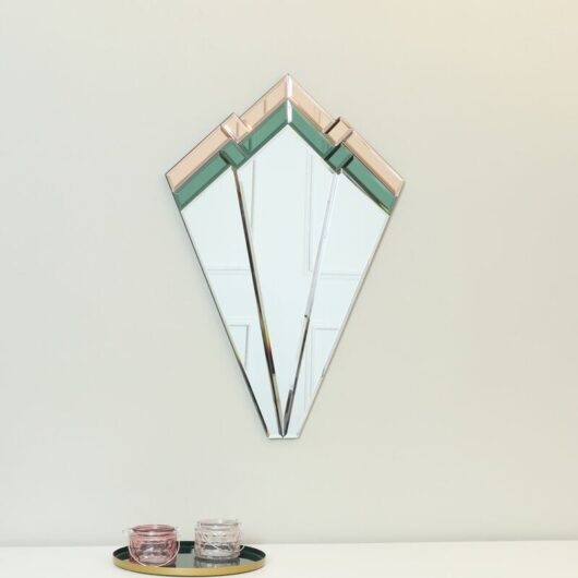 Melody Maison - Green & Pink Glass Art Deco Fan Wall Mirror 60cm x 40cm - Clear, Green, Pink