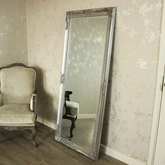 Melody Maison - Large Ornate Silver Wall/Floor Mirror 176cm x 76cm - Silver