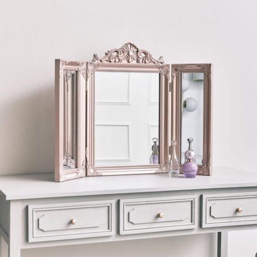Rose Gold Pink Ornate Dressing Table Triple Mirror 74cm x 56cm - Pink, rose gold