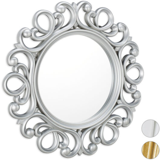 Round Wall Mirror, Decoration for Hallway, Bathroom, Living Room & Bedroom, Frame, Ornament, ∅ 50 cm, Silver - Relaxdays