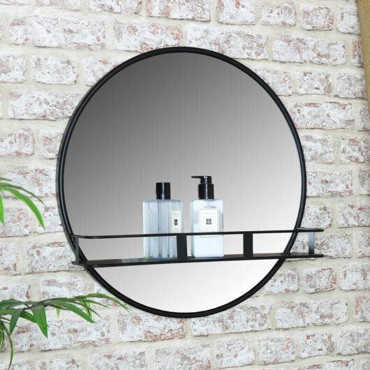 Round Wall Mirror with Shelf - Black