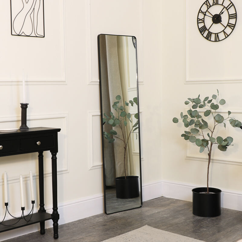 Tall Brushed Black Thin Framed Wall Mirror / Leaner Mirror 42cm x 156cm - Black