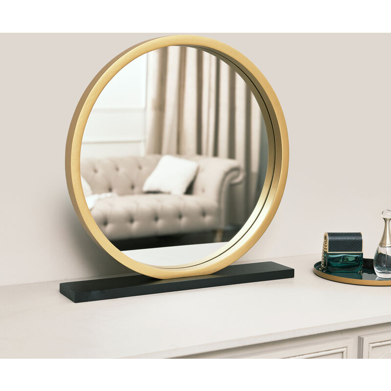 Round Gold & Black Freestanding Table Top Mirror - Gold, Black