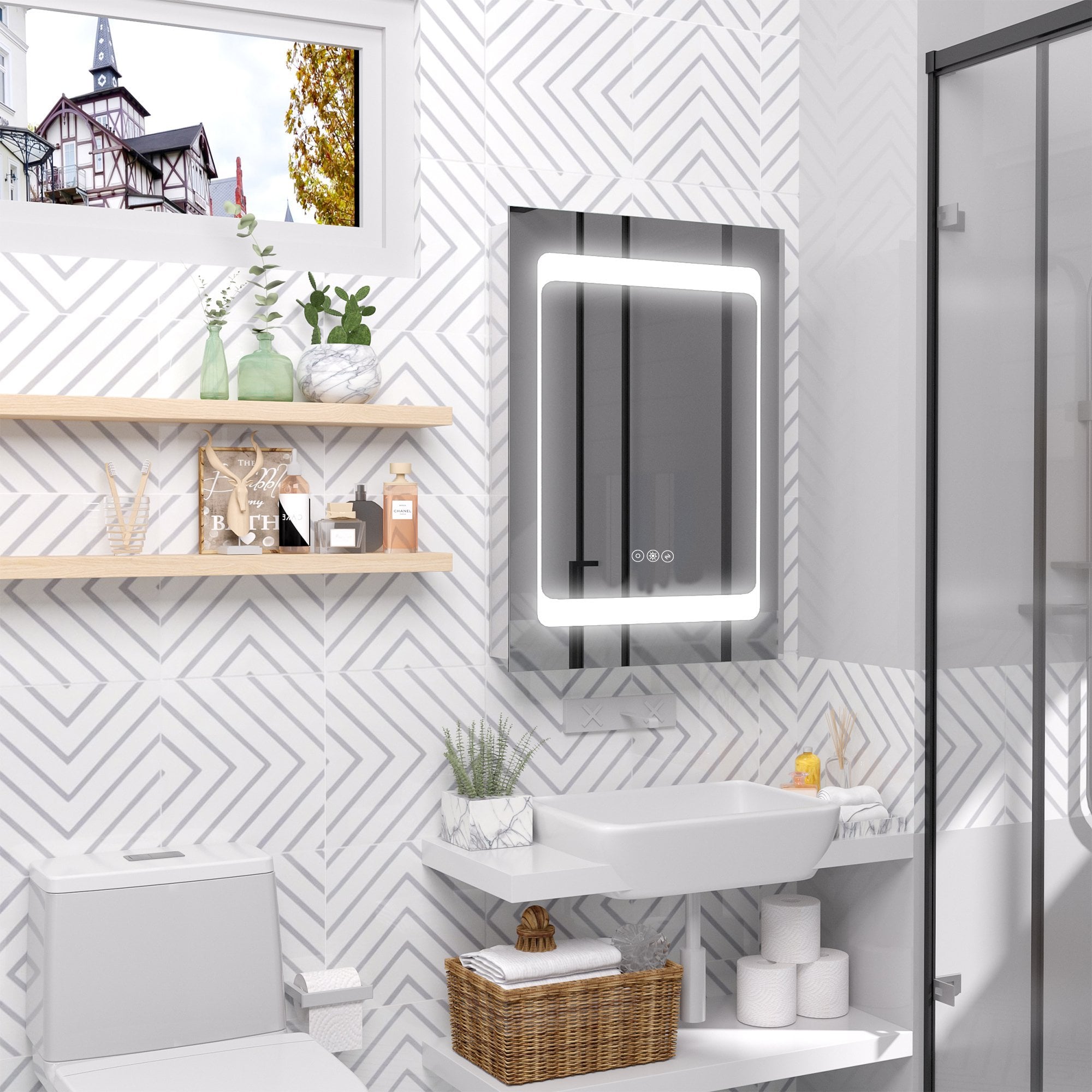 kleankin LED Illuminated Bathroom Mirror Cabinet with LED Lights - Wall-mounted Storage Organizer with Shelves - Touch Switch For Makeup Cosmetic W/ L