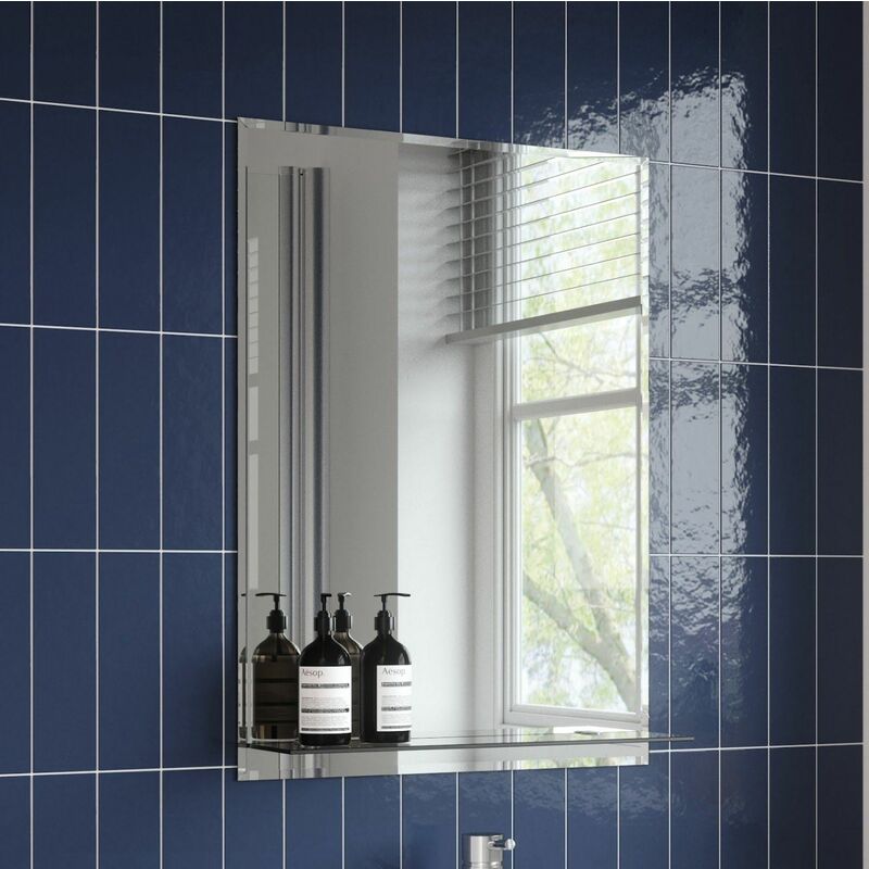 Artis - Bathroom Mirror Wall Modern Frameless Bevelled Rectangle Glass Shelf 500x700 - Silver