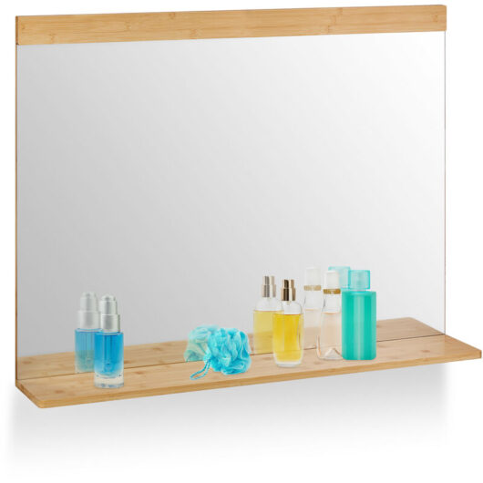 Wall Mirror with Shelf, Bamboo Frame, HxW 68.5 x 90 cm, Bathroom & Toilet, Hallway & Bedroom, Hanging, Natural - Relaxdays