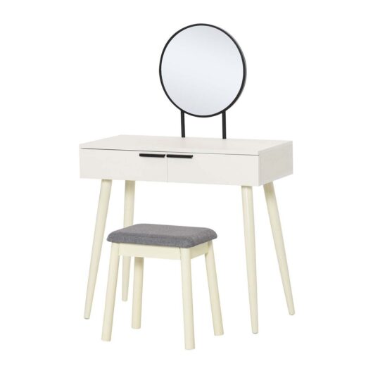 HOMCOM Modern Dressing Table Set with Black Round Mirror, white