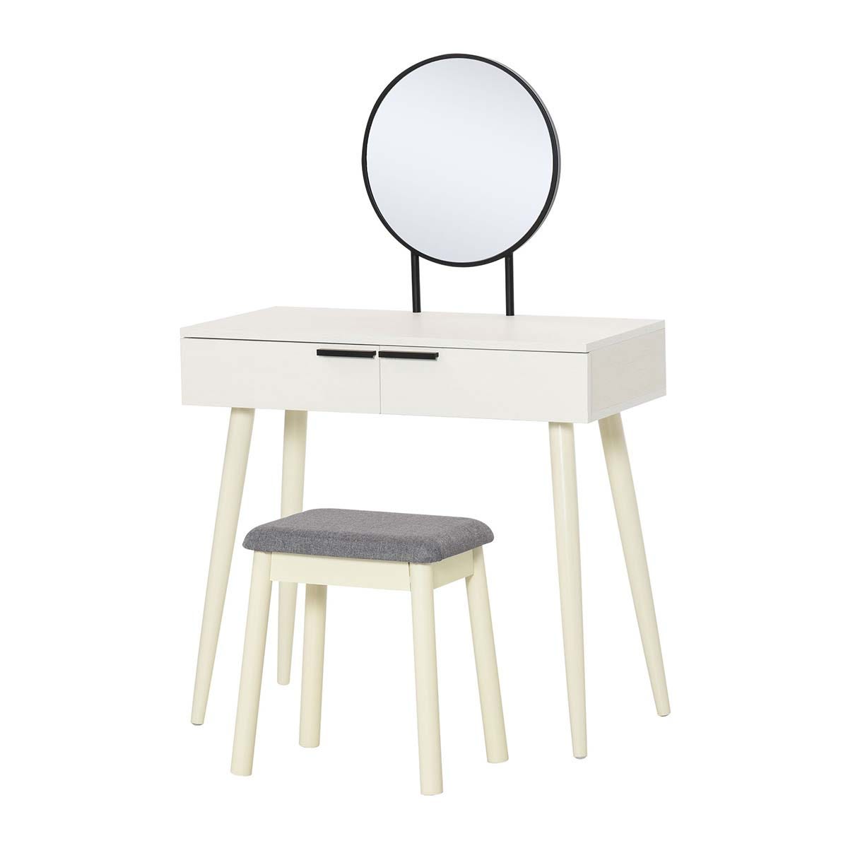 HOMCOM Modern Dressing Table Set with Black Round Mirror, white
