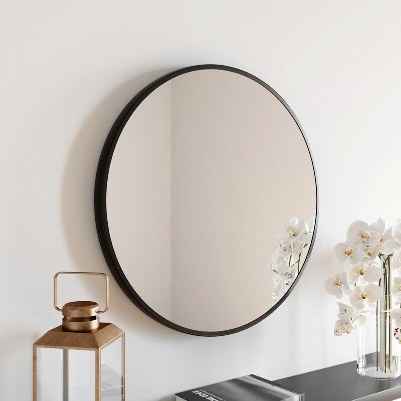 Vasari Large Modern Round Glass Mirror 60cm Black Frame Wall Mounted Bathroom - Black