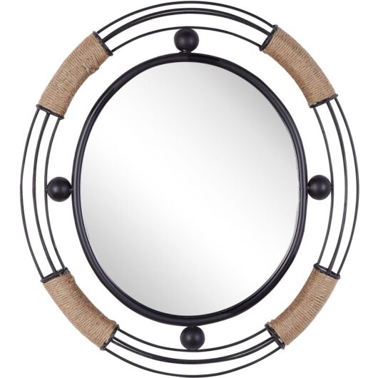Round Wall Mirror Light Wooden Frame 60 cm Geometric Mid-Century Firminy - Black