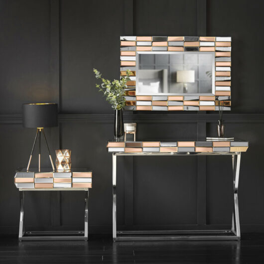 3-Piece Set Knightsbridge Collection - Wall Mirror - Mirrored Console Table - Mirrored Side Table With Drawer Combo Glass Furniture (Rectangle Mirror