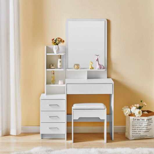 Dressing Table, Makeup Desk with Mirror and 4 Storage Drawer and Stool, 87x40x144cm