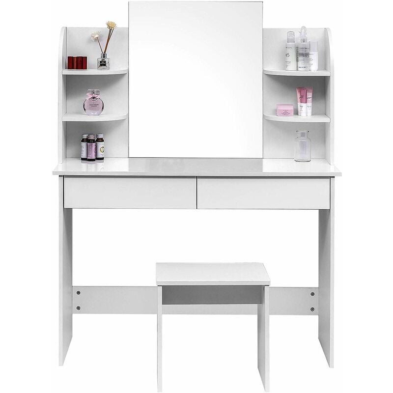 Dressing Table Mirror Makeup Table Bedroom Dresser Set 2 Drawers 4 Shelves White - White - Woltu