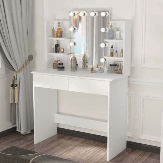 Dressing Table with led Lights. Vanity Table with Adjustable Brightness Mirror. Makeup Desk with 2 Drawers and Open shelves. Wooden Modern Bedroom