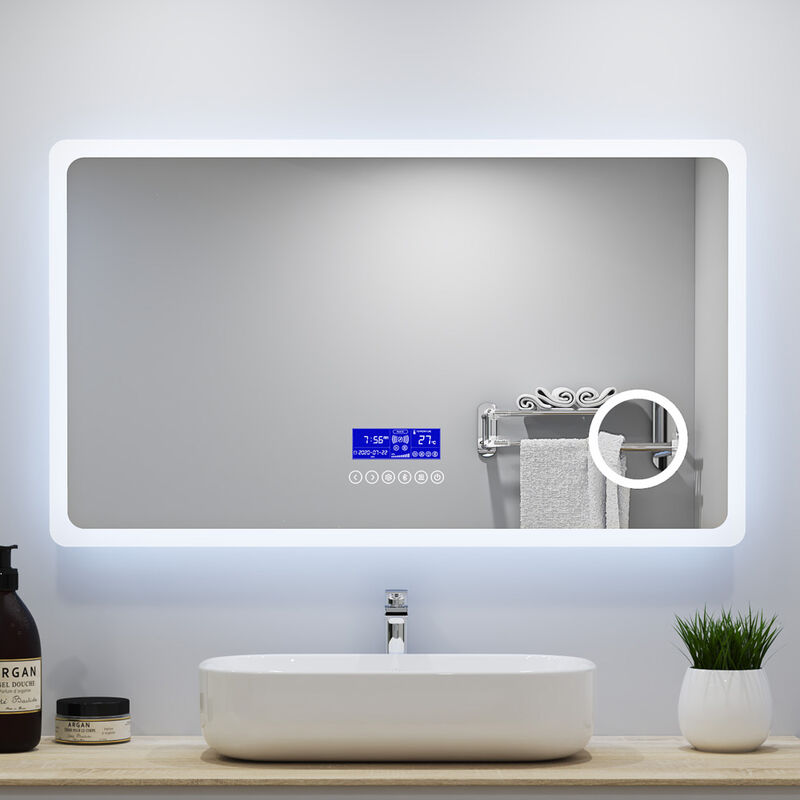 Acezanble - Large led Bathroom Mirrors with Bluetooth Speaker Anti Fog 3x Magnifying 6000K Cool White Light + 2700K Warm Lights - 1600x800mm