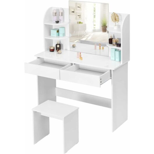 Dressing Table with Mirror. Makeup Table with 2 Drawers and 4 Shelves. Vanity Table. Modern Style. White Dresser Table & Dressing Stool - White