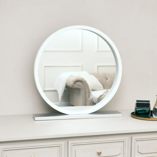 Melody Maison - Round White & Silver Freestanding Table Top Mirror - White, Silver