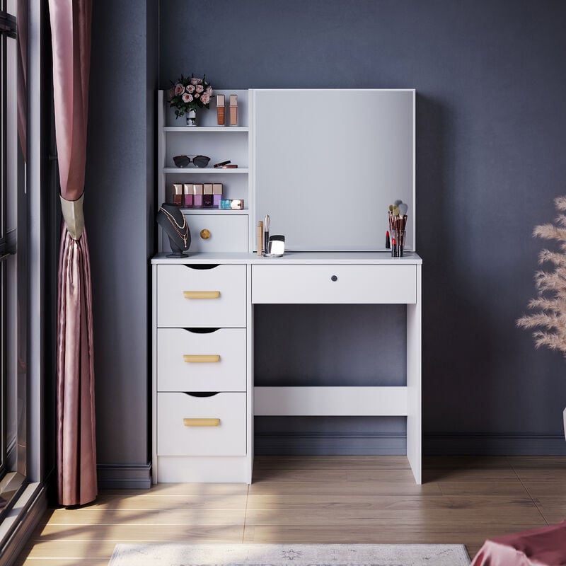 Modern Sliding Mirror Dressing Table 5 Drawers Bedroom White Makeup Desk Single Table - Elegant