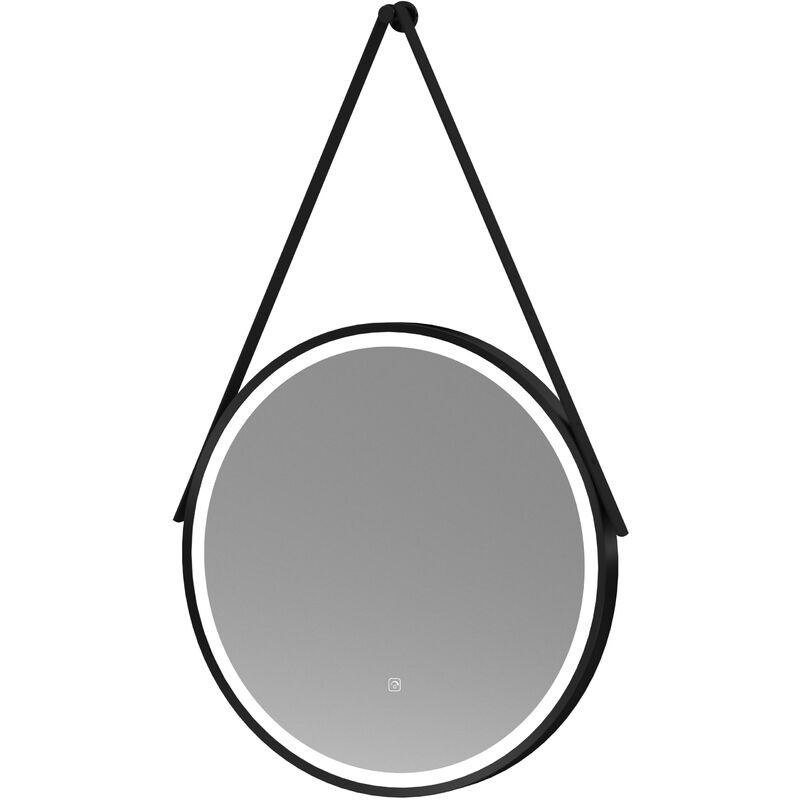 Round LED Illuminated Touch Sensor Framed Mirror with Demister & Strap, 600mm - Black - Black