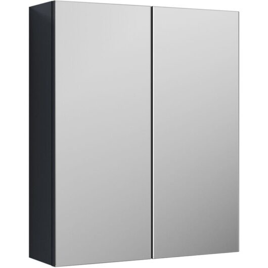 Wave Wall Hung 2 Door Bathroom Mirror Cabinet - 600mm - Soft Black - Soft Black