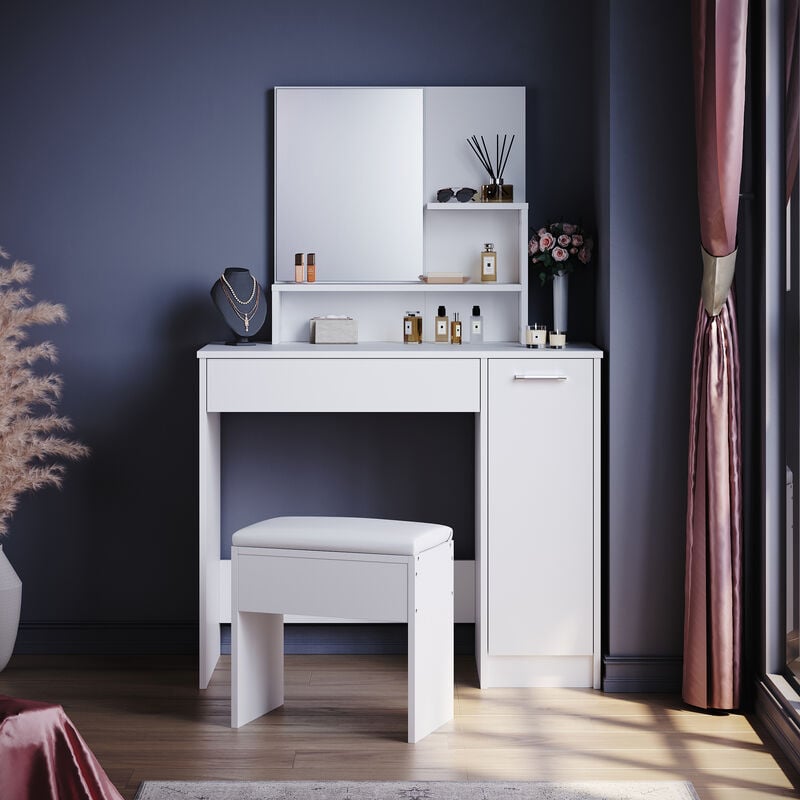 Furniture Dresser with Drawer Storage Cabinet Makeup Mirror Makeup Table White Drawer Dresser with stool Set - Elegant