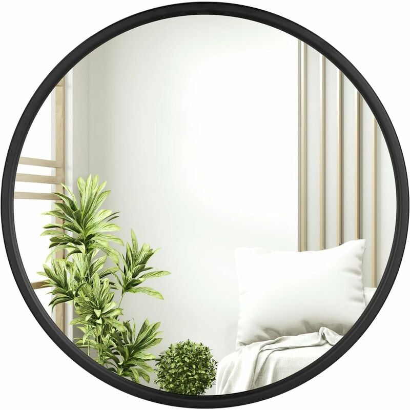 WOLTU Large Modern Round Glass Mirror 60cm Black Frame Wall Mounted Bathroom,Black - Black