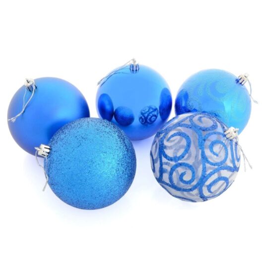 5 x 10cm Christmas Tree Baubles Swirl Matte Glitter Mirrored - Blue