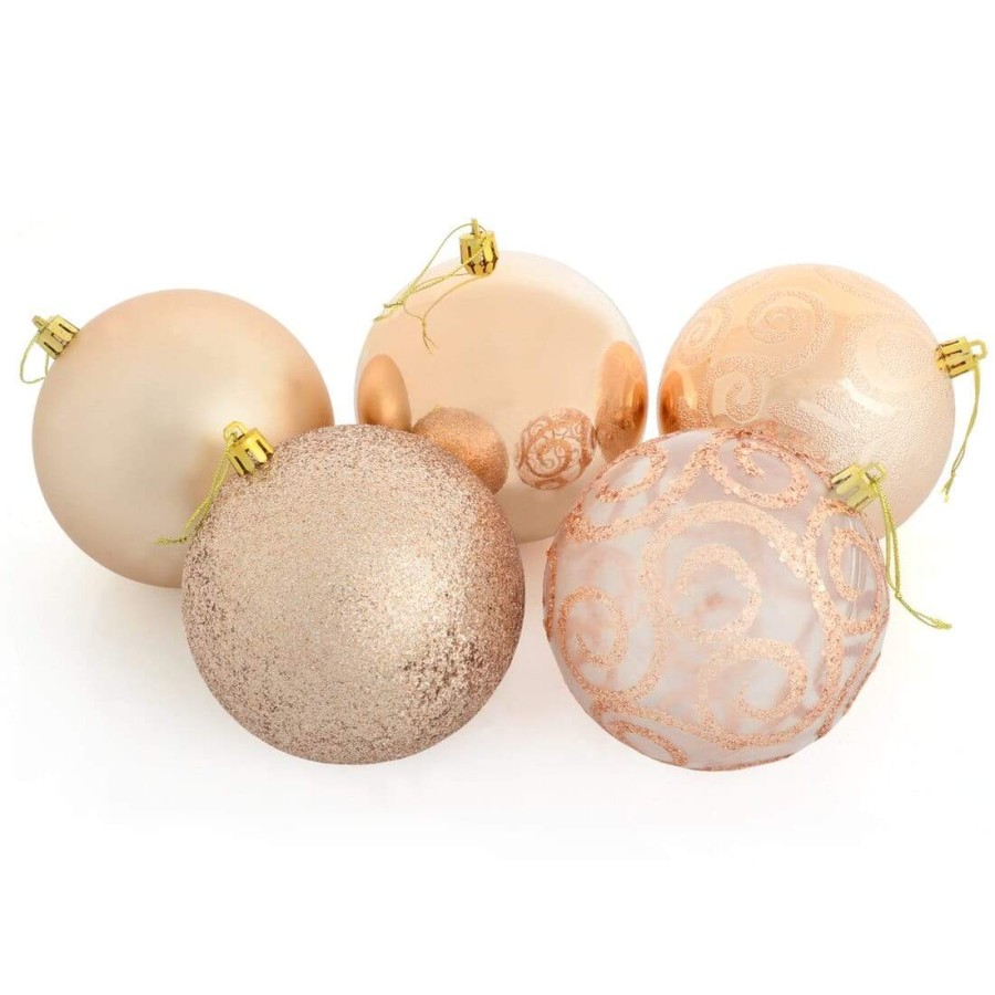 5 x 10cm Christmas Tree Baubles Swirl Matte Glitter Mirrored - Champagne