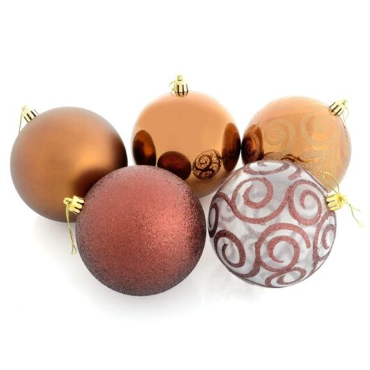5 x 10cm Christmas Tree Baubles Swirl Matte Glitter Mirrored - Copper