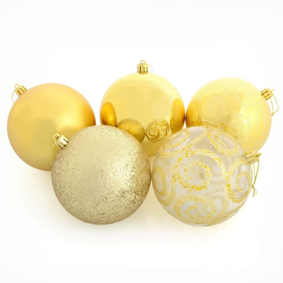 5 x 10cm Christmas Tree Baubles Swirl Matte Glitter Mirrored - Gold