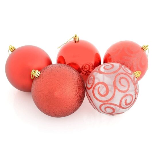 5 x 10cm Christmas Tree Baubles Swirl Matte Glitter Mirrored - Red