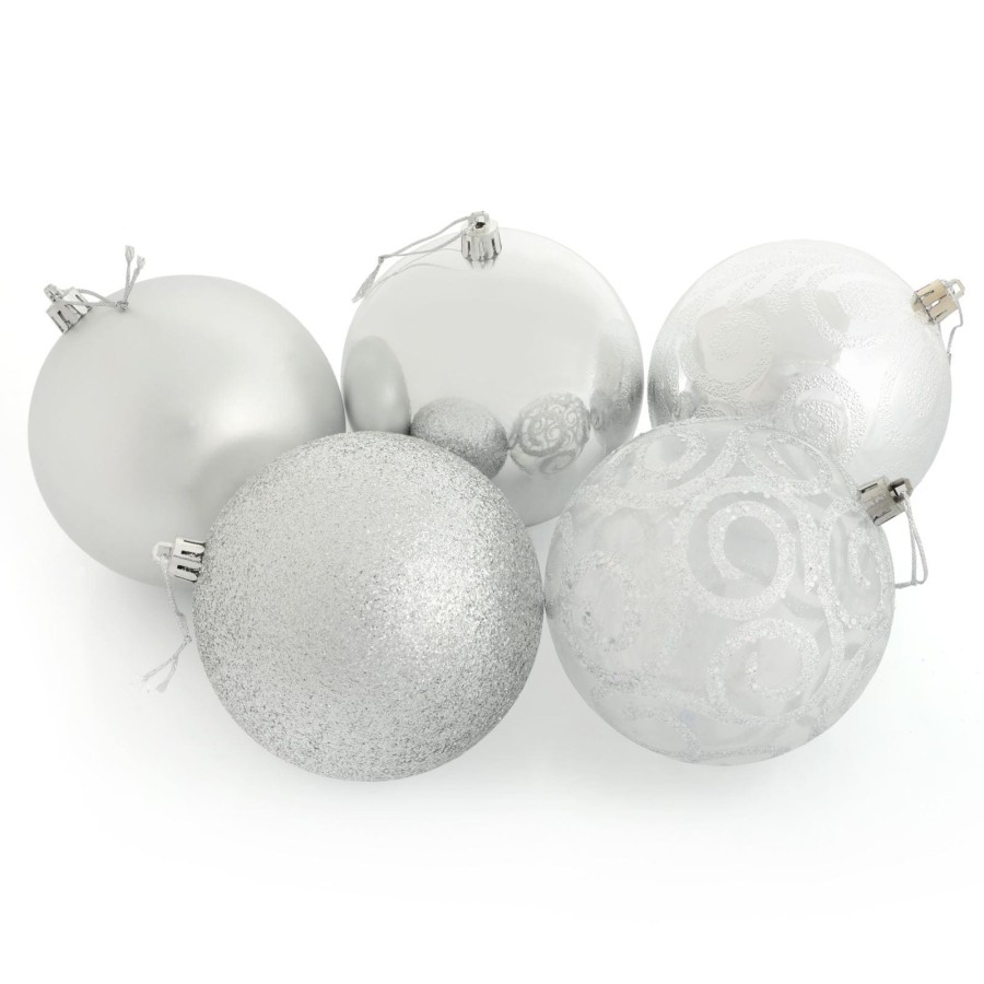 5 x 10cm Christmas Tree Baubles Swirl Matte Glitter Mirrored - Silver