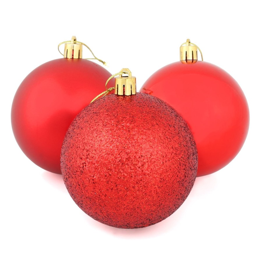 9 x 8cm Christmas Tree Baubles Matte Glitter Mirrored Styles - Red