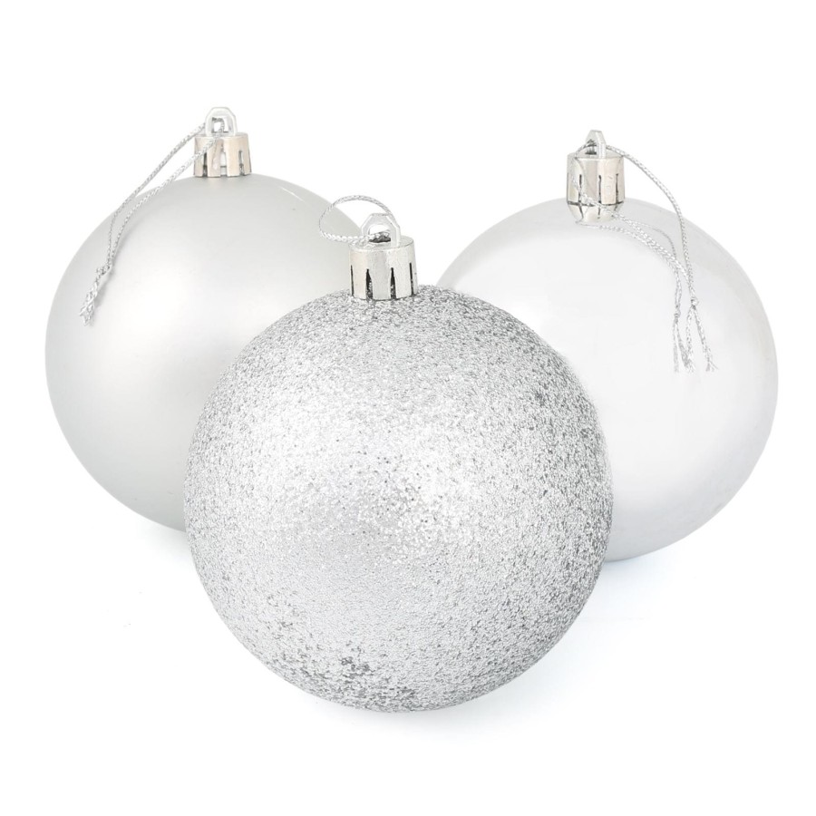 9 x 8cm Christmas Tree Baubles Matte Glitter Mirrored Styles - Silver