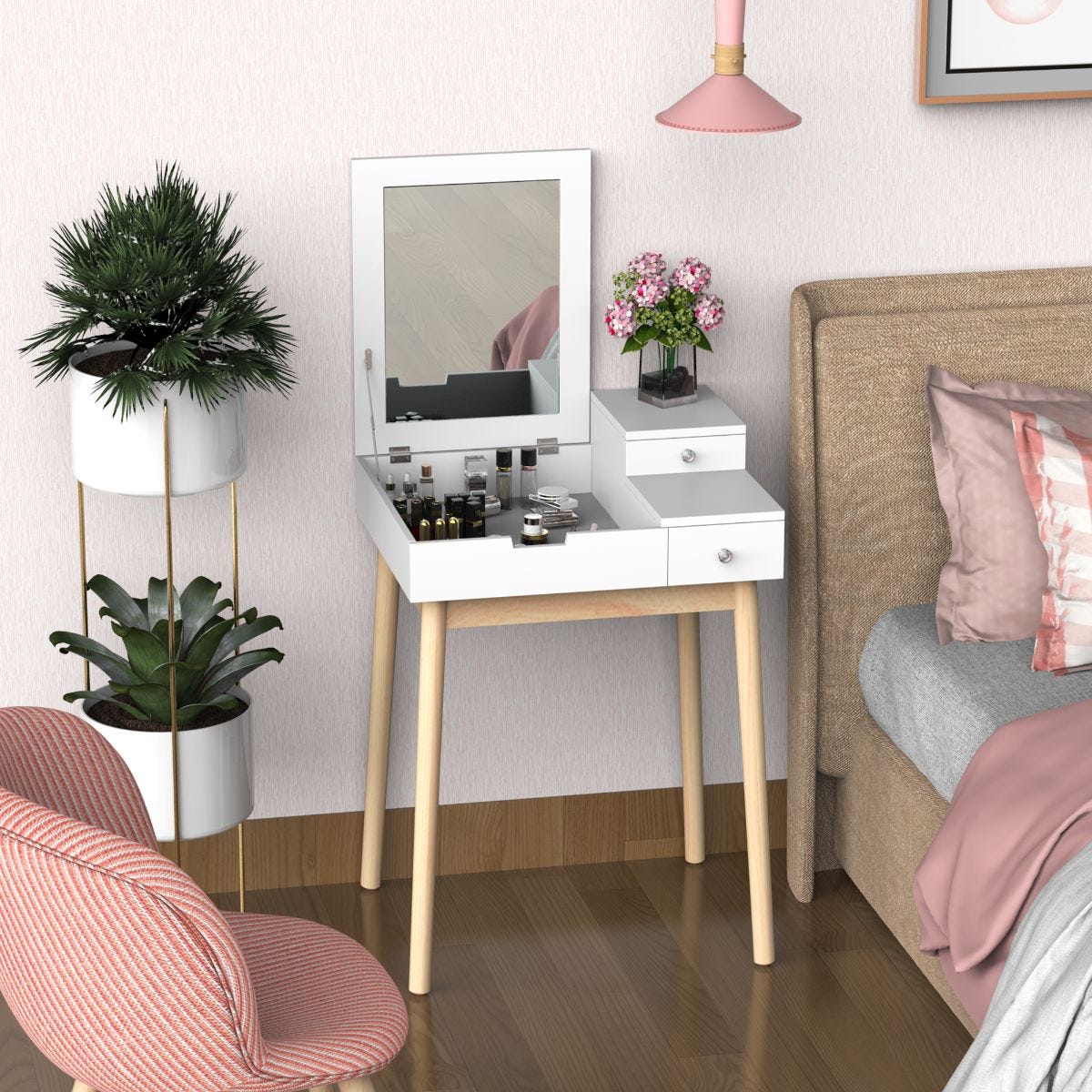 HOMCOM Compact Two In One Dressing Table Desk Flip Up Mirror 2 Drawers White, none