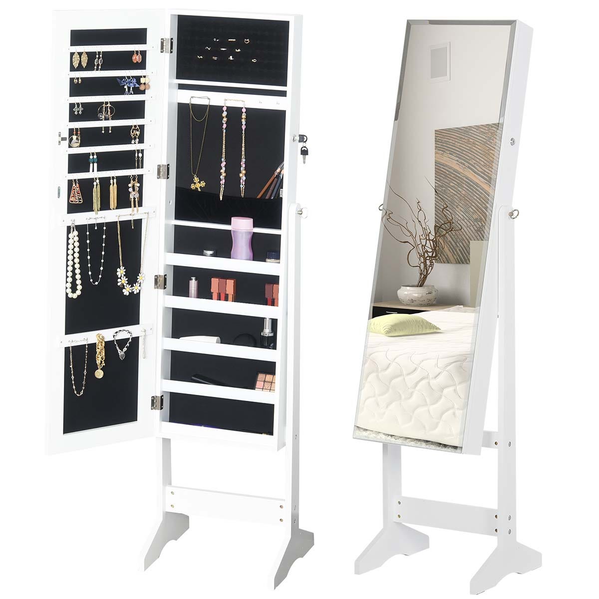 HOMCOM Lockable Jewellery Storage Mirror Armoire Freestanding Adjustable White, white