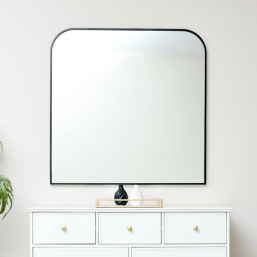 Large Black Curved Square Arched Overmantle Mirror 100cm x 100cm - Black