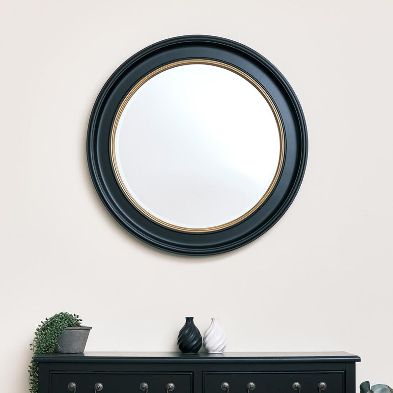 Large Round Black & Gold Wall Mirror - 80cm x 80cm - Black, Gold