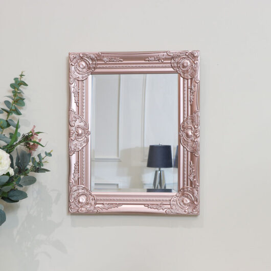 Melody Maison - Ornate Rose Gold Pink Wall Mirror with Bevelled Glass - Rose Gold